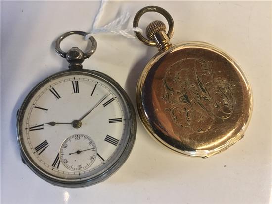 Silver open face pocket watch & a similar rolled gold watch